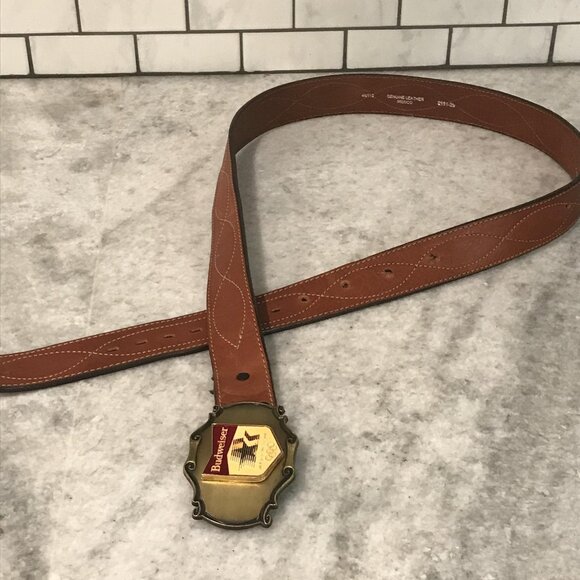 Vintage Budweiser 1984 Olympics Leather Belt Large 44 Brass Buckle Raintree - Picture 1 of 11